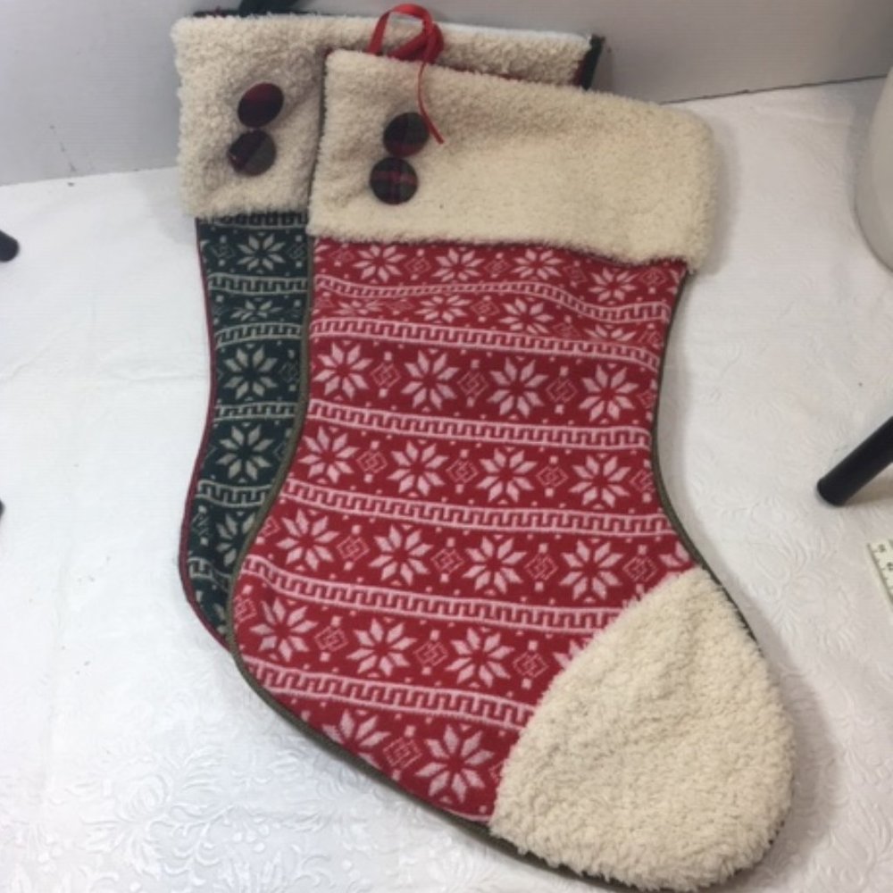Two Christmas Stockings Red & Green 18"x9.5" Snowflake Design Winter